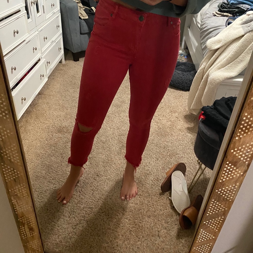 Red Distressed Raw hem Skinny jeans